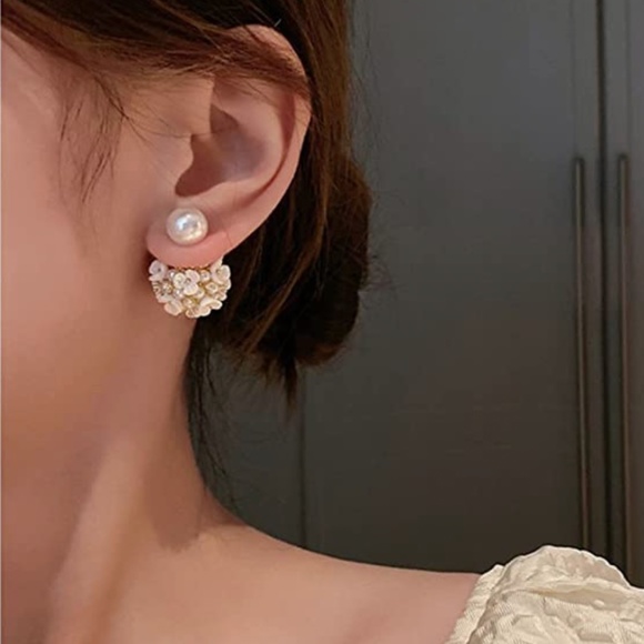 Shell Flower Ball Pearl Double Sided Stud Front Back Earrings for Women Girls 14 - Picture 2 of 5